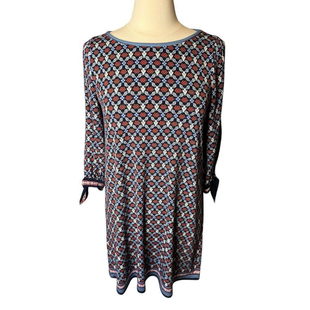 Max Studio Geometric Shift Dress Small Red Blue Print Open 3/4 Sleeve